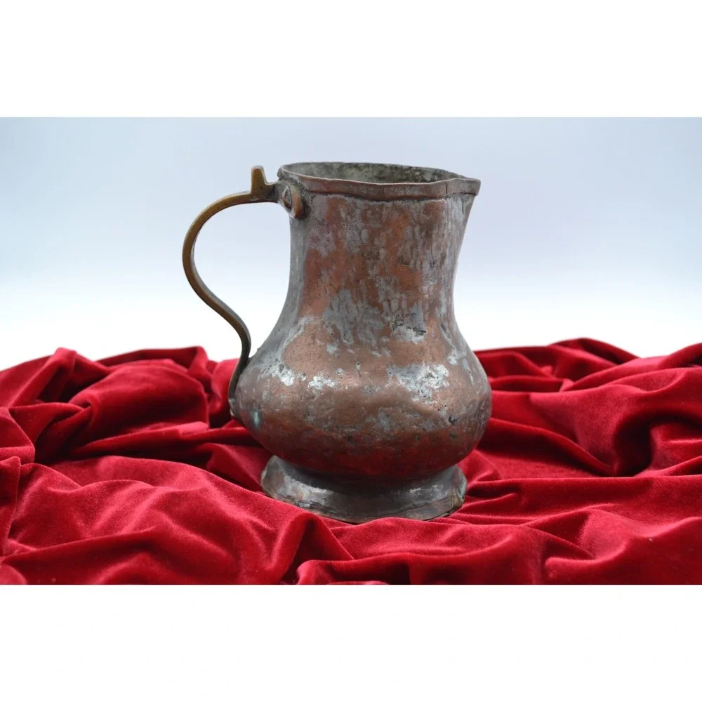 Antique Hammered Copper Pitcher Primitive Hand Forged Metal Jug Rustic Patina